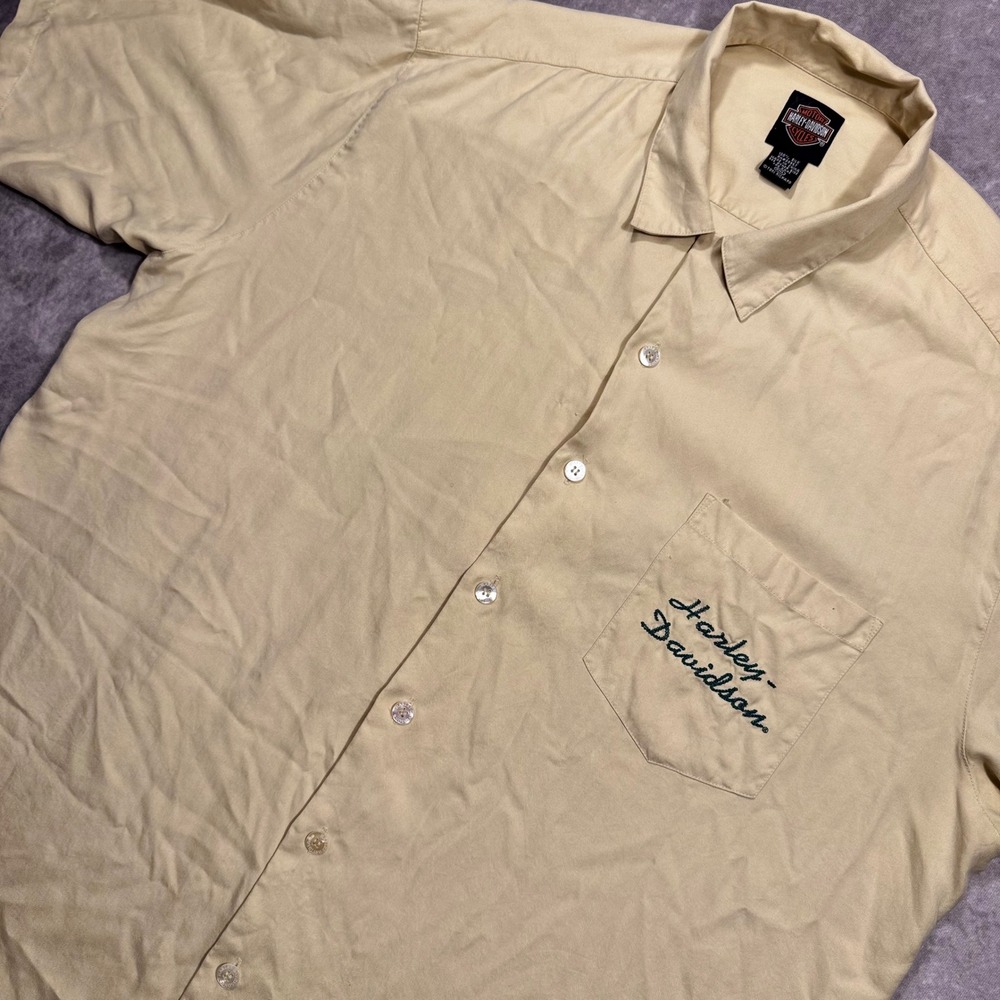 Harley-Davidson Tori Richard 100% Silk Shirt 2XL Tan Motorcycle Herringbone